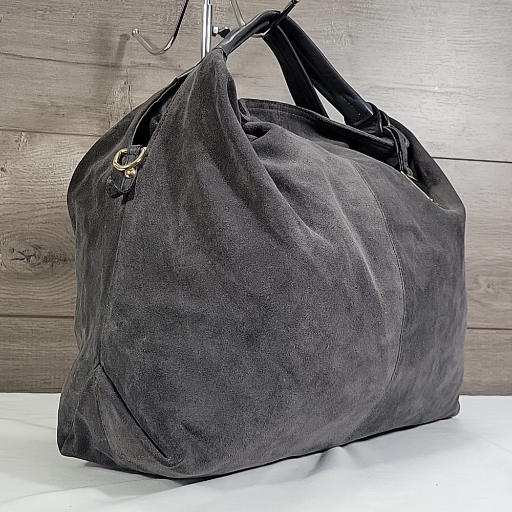 Furla Charcoal Gray Suede Hobo Bag with Gold Tag - Picture 3 of 13